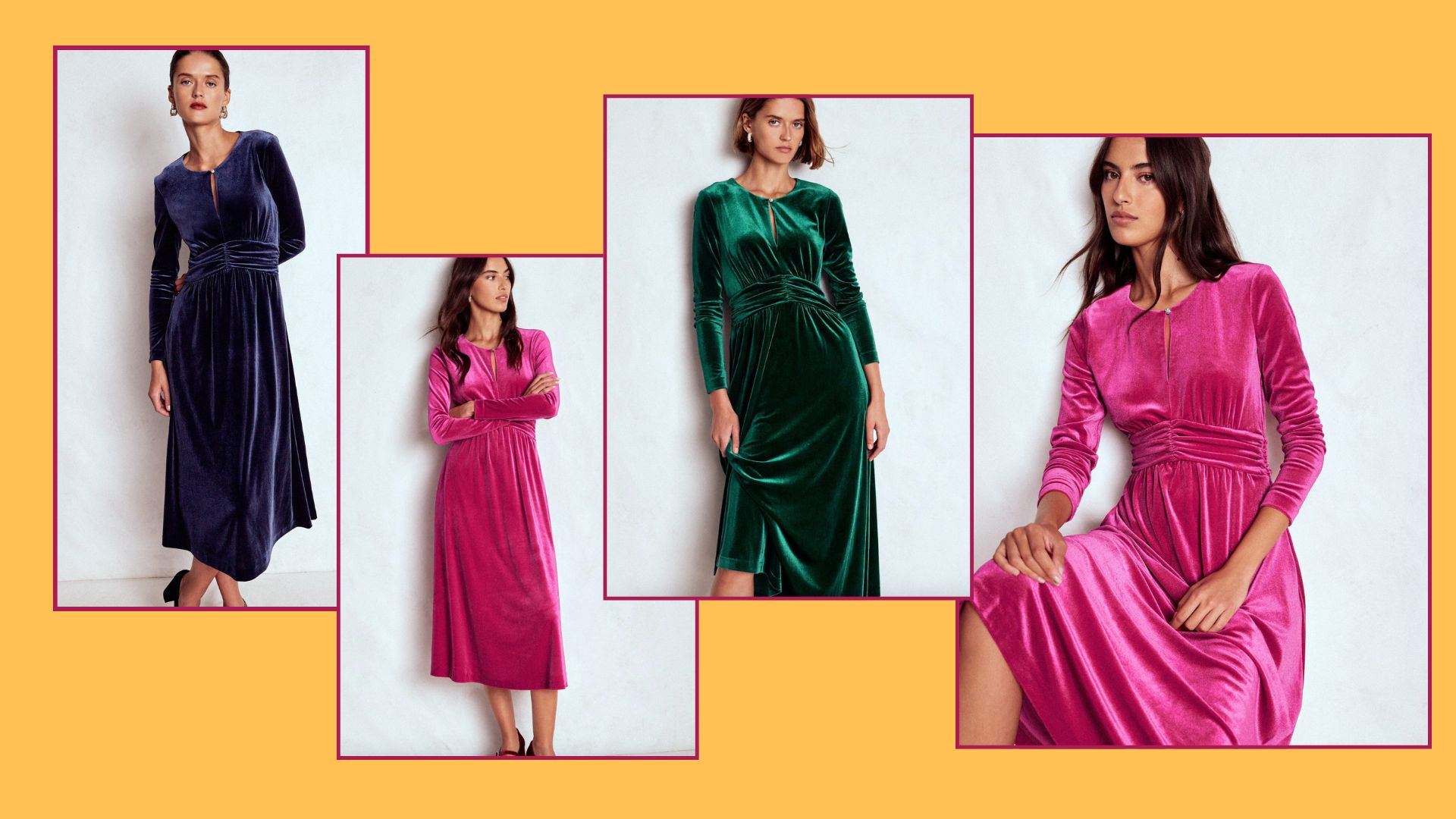 four models hots wearing boden velvet dress