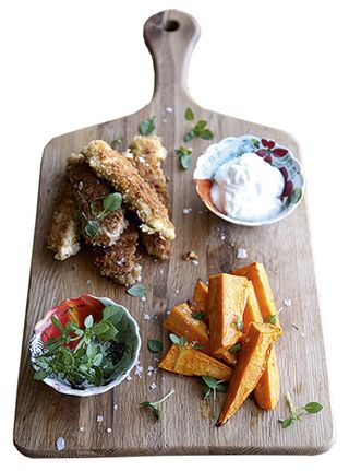 Pheasant goujons with sweet potato wedges