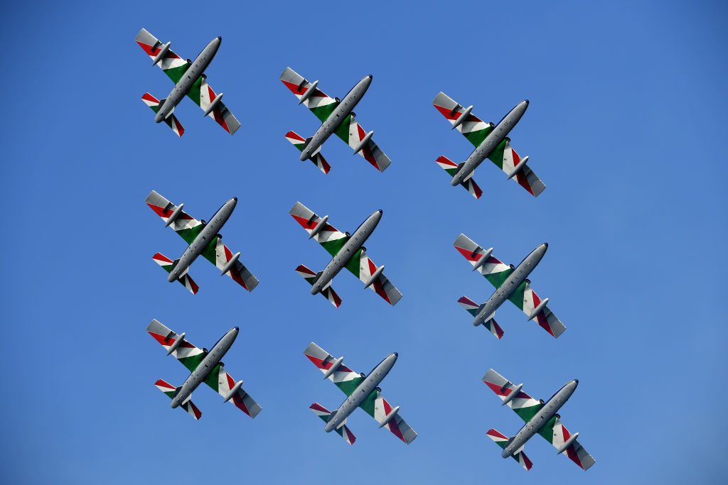 PIANCAVALLO ITALY OCTOBER 18 Start Frecce Tricolori Air Patrol Aerial exhibition Base Aerea Rivolto Plane Team Presentation during the 103rd Giro dItalia 2020 Stage 15 a 185km stage from Base Aerea Rivolto Frecce Tricolori to Piancavallo 1290m girodiitalia Giro on October 18 2020 in Piancavallo Italy Photo by Stuart FranklinGetty Images