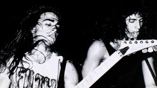 Anthrax’s Scott Ian and Frank Bello performing onstage in 1986