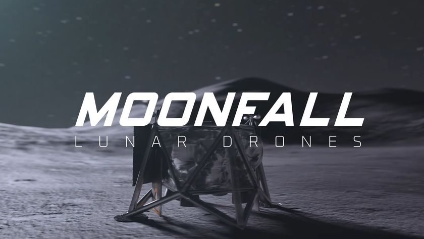 a cube-shaped vehicle soars above a dusty grey surface dotted with craters