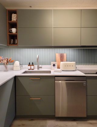 Ikea kitchen cabinet with green kitchen fronts by Trica Design Studio