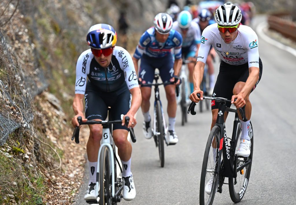 FRONTIGNANO ITALY MARCH 15 LR Thomas Pidcock of The United Kingdom and Q365 Pro Cycling Team and Juan Ayuso Pesquera of Spain and UAE Team Emirates XRG White best Young Rider Jersey compete in the breakaway during the 60th TirrenoAdriatico 2025 Stage 6 a 163km stage from Cartoceto to Frontignano 1324m UCIWT on March 15 2025 in Frontignano Italy Photo by Tim de WaeleGetty Images