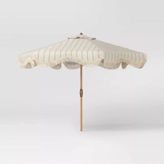 Round Striped Scalloped Fringe Edge Outdoor Patio Market Umbrella Cream 