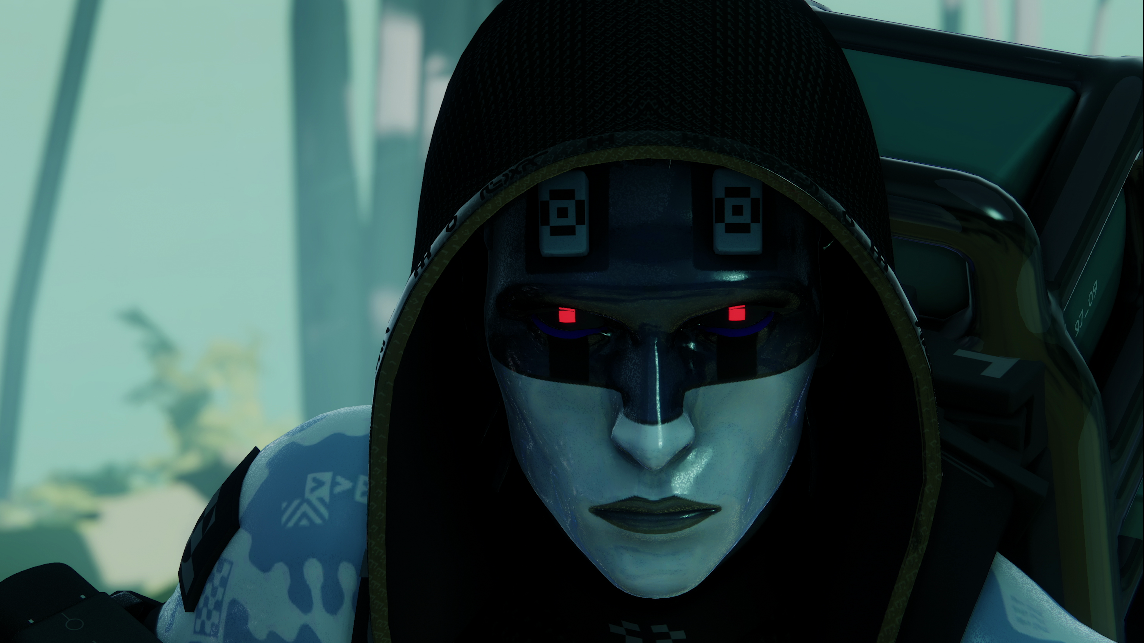 A Runner from the next Marathon game reveal looking at the screen, her eyes are covered, possibly replaced by biosynthetics 