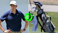 Ben James stands with his hands on his hips, with a close up of his bag