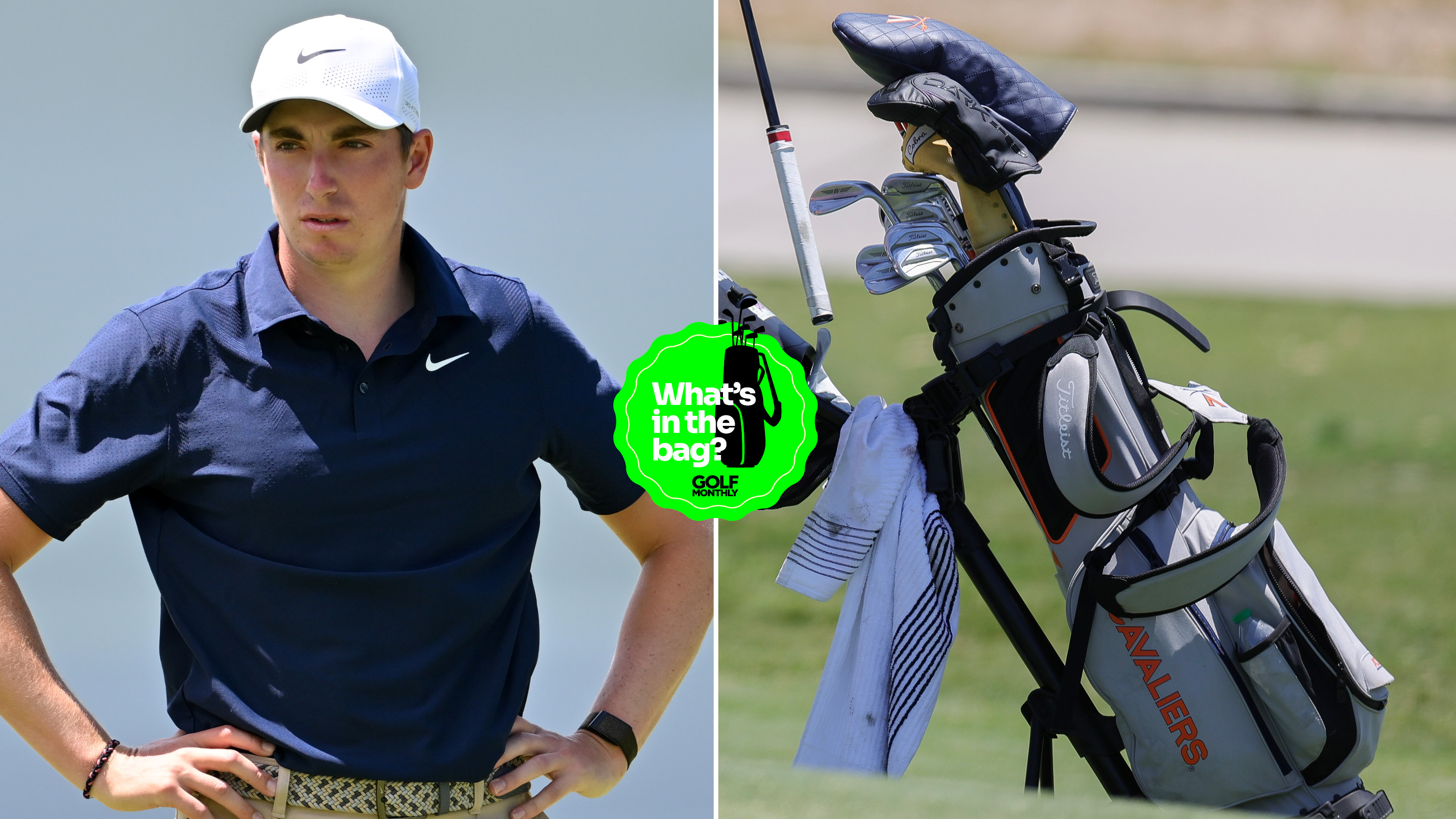 Ben James stands with his hands on his hips, with a close up of his bag