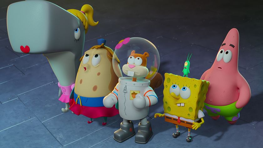 Various Spongebob Squarepants characters looking at something off-camera in Plankton: The Movie