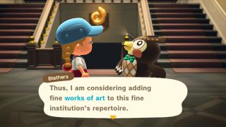 Animal Crossing: New Horizons Player talking to Blathers the owl at the museum