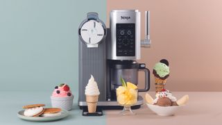 Ninja Swirl by Creami in lifestyle setting with mint and brown backgrown and ice cream