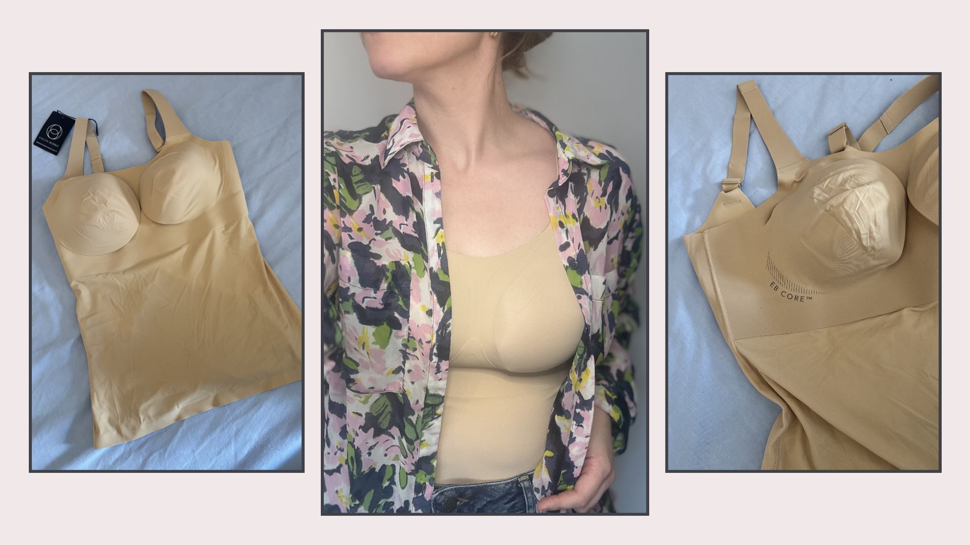 matilda wearing the bra as well as two flat lay shots