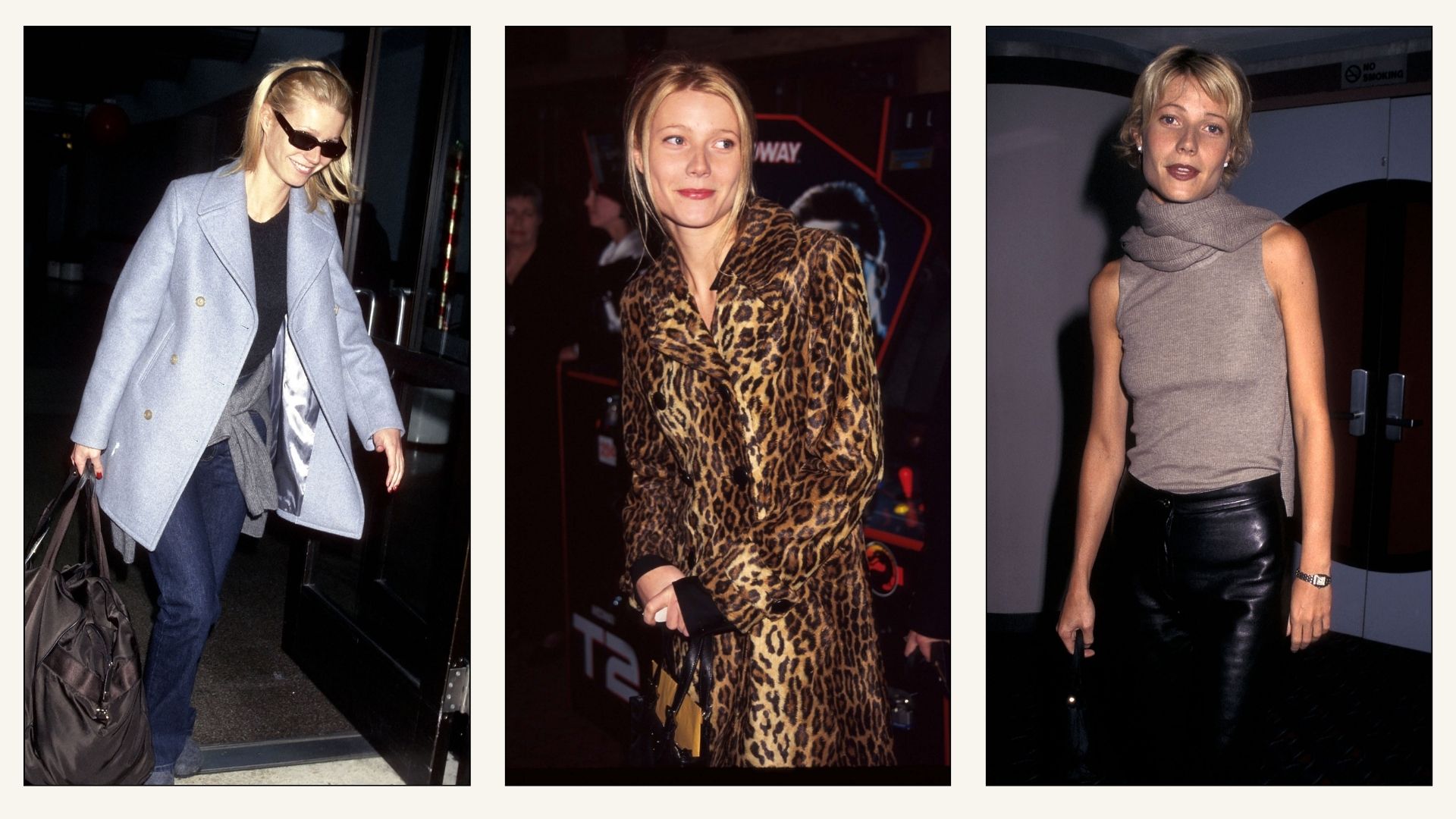 Collage of images of Gwyneth Paltrow wearings a jumper around her waist, a leopard print coat and a scarf knit.