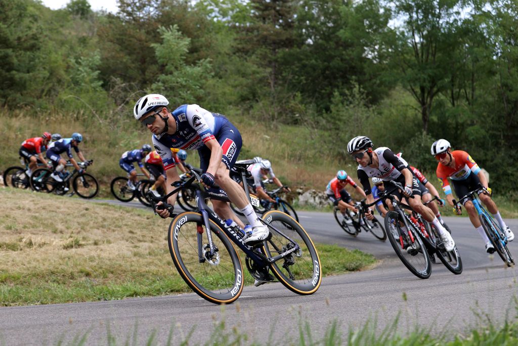 POLIGNY FRANCE JULY 21 LR Kasper Asgreen of Denmark and Team Soudal Quick Step and Adam Yates of United Kingdom and UAE Team Emirates compete during the stage nineteen of the 110th Tour de France 2023 a 1728km stage from MoiransenMontagne to Poligny UCIWT on July 21 2023 in Poligny France Photo by Michael SteeleGetty Images