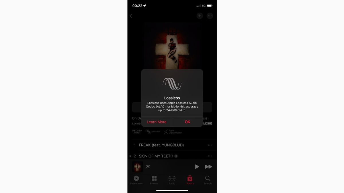 A smartphone on a white background running the Apple Music app. It is playing a lossless track.