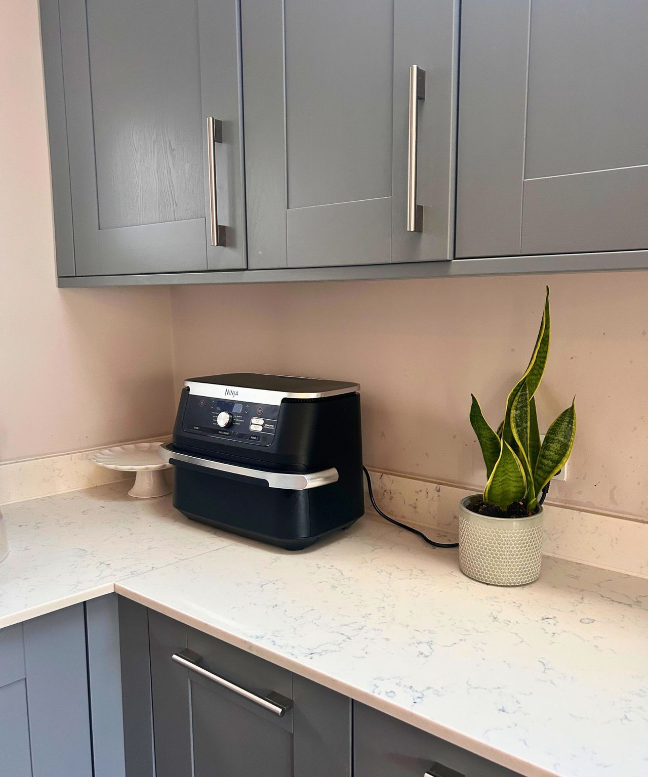 A tidy kitchen countertop with a Ninja, white cake stand and pot plant