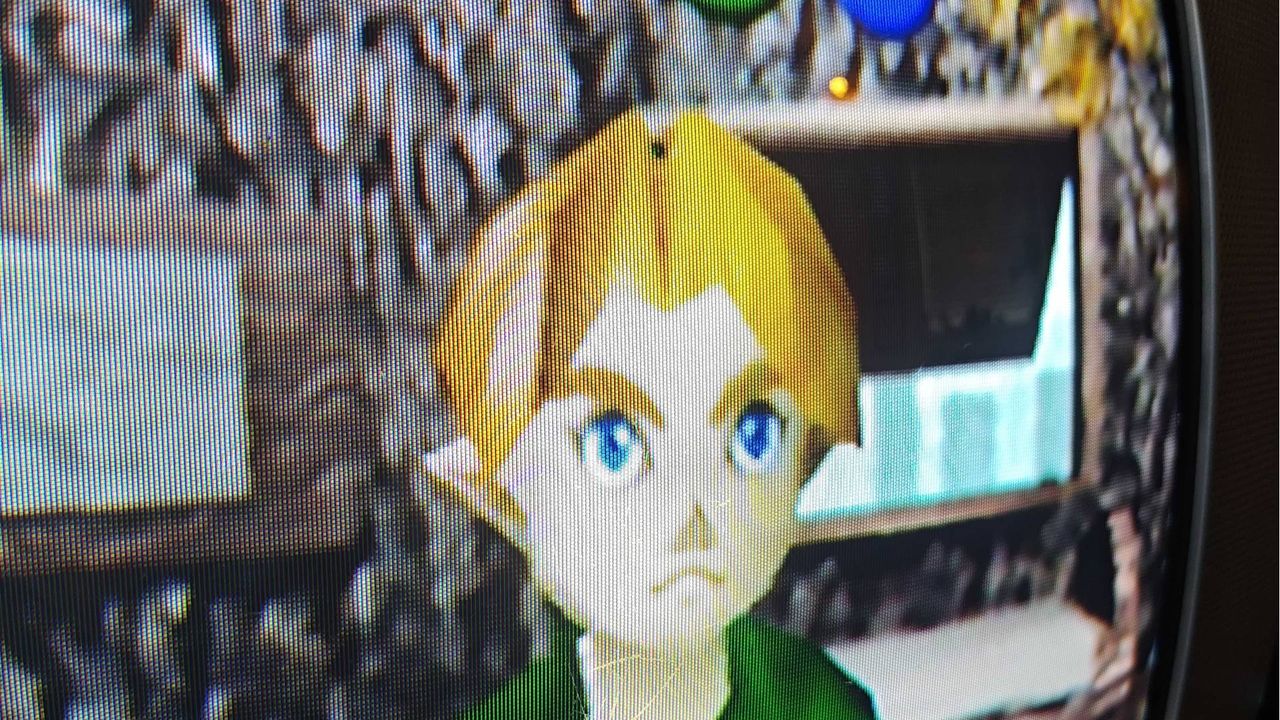 Close up of Ocarina of Time gameplay featuring Link on CRT TV.