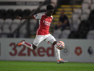 Amario Cozier-Duberry of Arsenal during the PL2 match between Arsenal U21 and West Ham United U21 at Meadow Park on August 11, 2023 in Borehamwood, England.