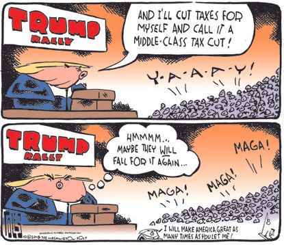Political cartoon U.S. Trump rally middle class tax cut MAGA