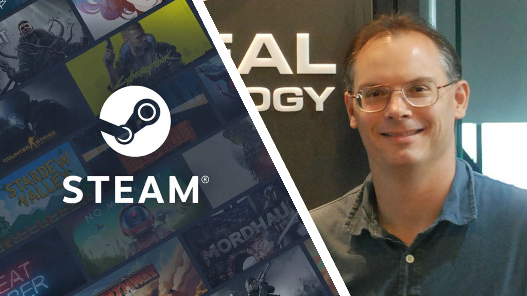 The Steam logo next to a photo of Epic CEO Tim Sweeney