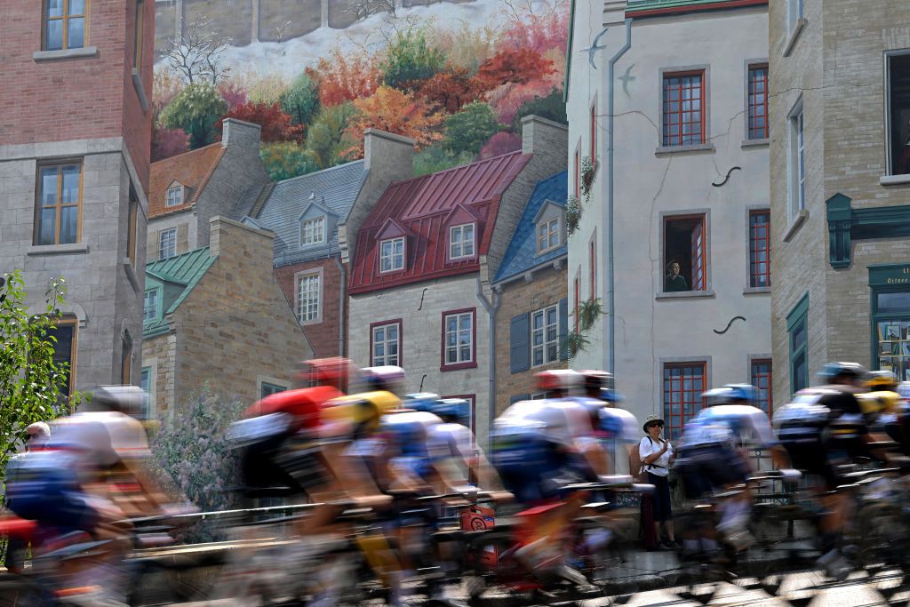 QUEBEC CITY QUEBEC SEPTEMBER 09 A general view of the peloton competing during the 11th Grand Prix Cycliste de Qubec 2022 a 2016km one day race from Quebec to Quebec GPCQM on September 09 2022 in Quebec City Quebec Photo by Dario BelingheriGetty Images