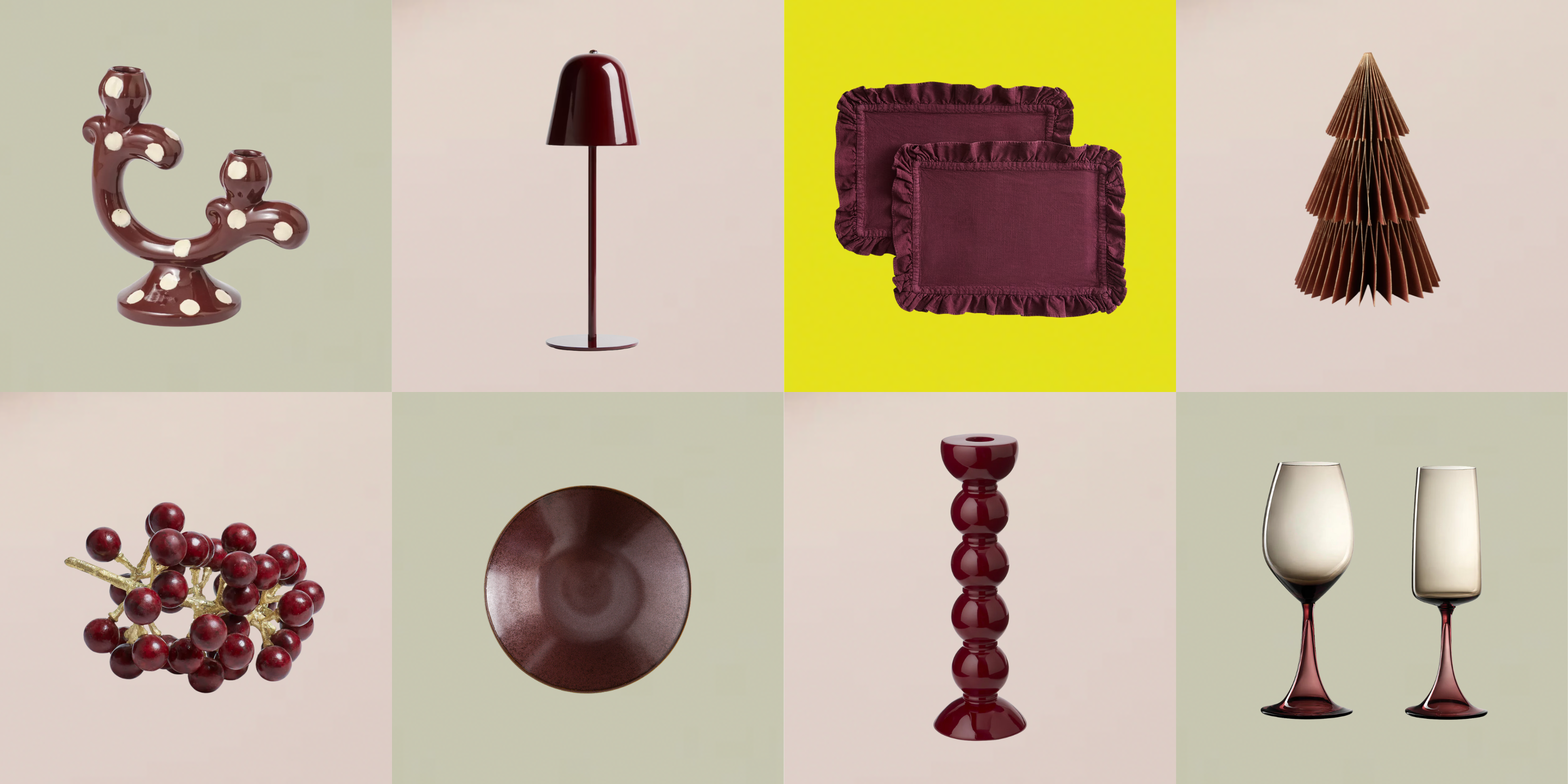 A selection of burgundy colored homewares on a grid background