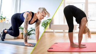 Split image of a woman doing a HIIT workout and a woman doing yoga, a complementary exercise pairing