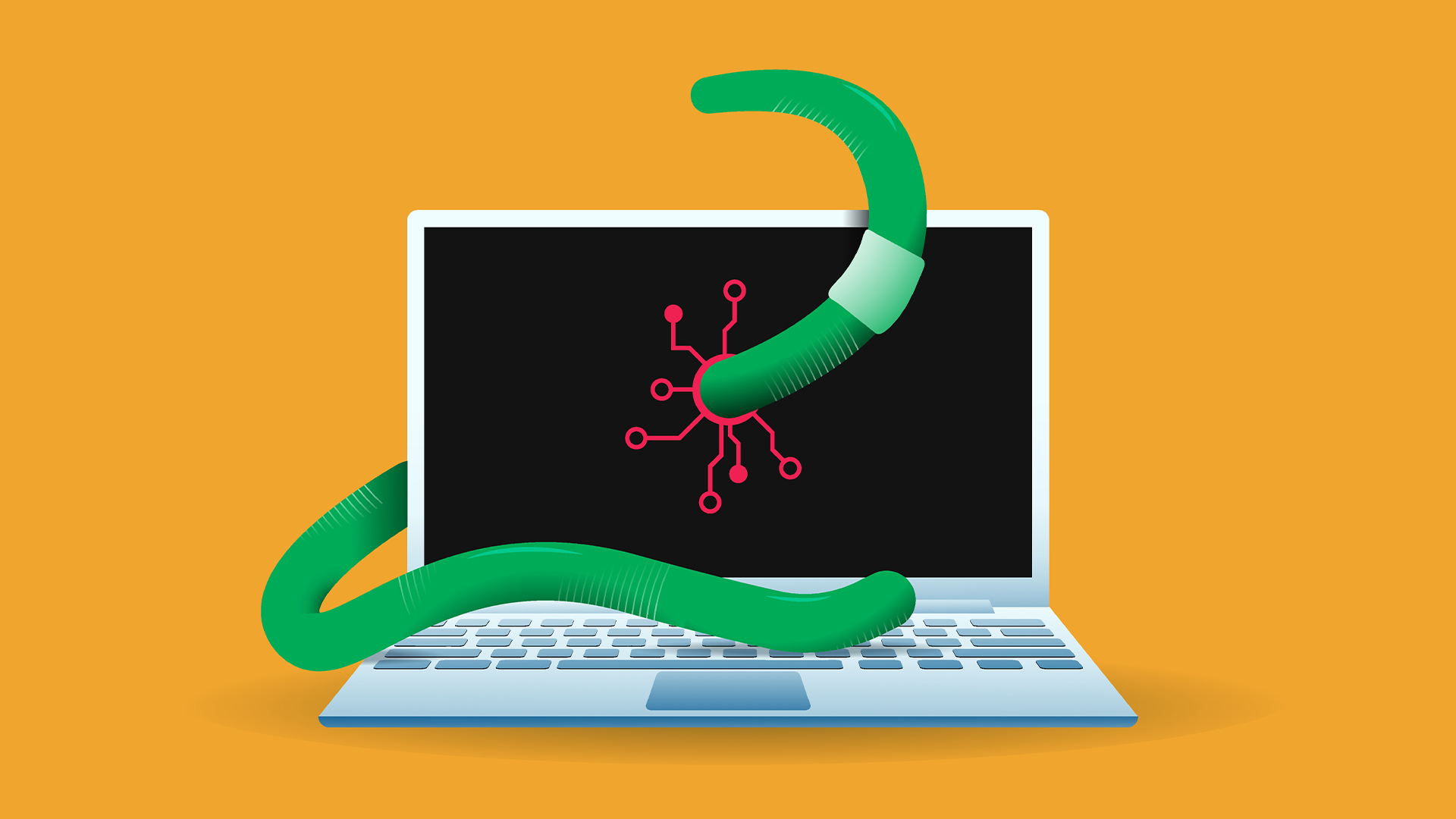 Malware concept image showing laptop with computer virus symbol on screen, with green tentacles emerging from screen and enveloping device.