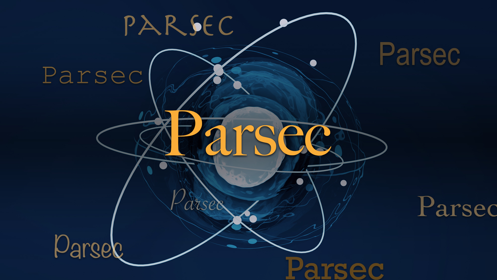 The word 'parsec' in yellow centered on a dark blue background with white oval features.