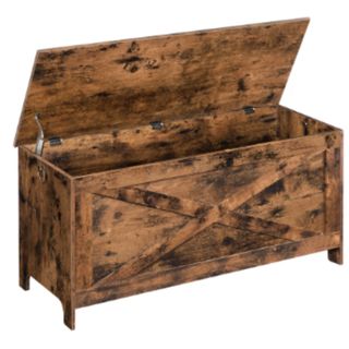 a brown wooden rustic looking ottoman with hinged upward opening lid