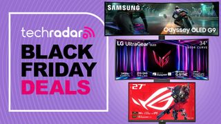 A selection of popular gaming monitors on a purple background with concentric circles and a badge on the left containing techradar logo and text reading "BLACK FRIDAY DEALS"
