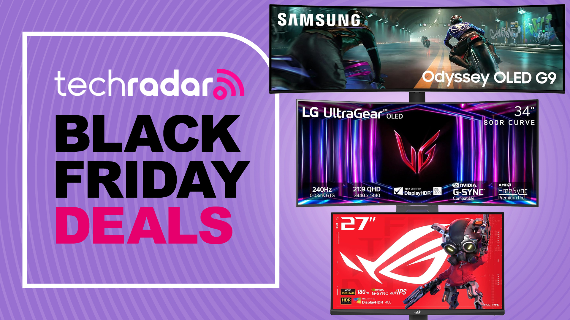 A selection of popular gaming monitors on a purple background with concentric circles and a badge on the left containing techradar logo and text reading &quot;BLACK FRIDAY DEALS&quot;