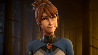 Image of the hero Marci from Dota 2. She is brown-haired and yellow eyed. She is smirking at the camera in a friendly way.