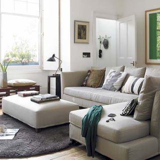 living room with sofa and cushions