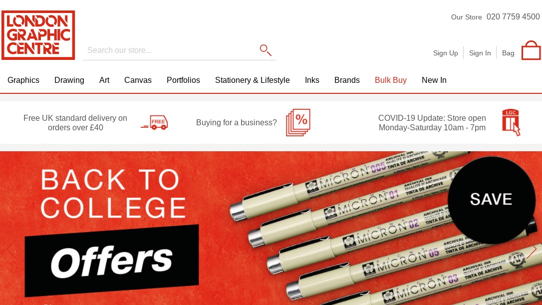 Homepage of London Graphic Centre featuring selection of pencils
