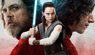 Star Wars: The Last Jedi Luke and Kylo with Rey standing in front of them, with a lightsaber