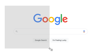 A darkened screenshot box is dragged over the Google search homepage