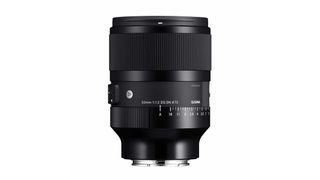 Sigma 50mm F1.2 DG DN Art lens standing vertically on white background