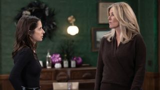 Kelly Monaco and Laura Wright as Sam and Carly staring down each other in General Hospital