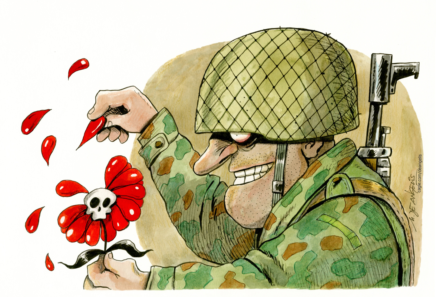 This cartoon is titled &amp;ldquo;Endless War&amp;rdquo; and shows an armed soldier picking the bloody leaves off a flower with a skull in the middle. The leaves look more like drops of blood than something from a plant.
