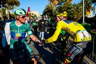 Danish Mads Pedersen of Lidl-Trek and American Matteo Jorgenson of Team Visma-Lease a Bike pictured after stage eight of the 83th edition of the Paris-Nice cycling race, 119,9 km from Nice to Nice, France, Sunday 16 March 2025. BELGA PHOTO DAVID PINTENS (Photo by DAVID PINTENS / BELGA MAG / Belga via AFP)