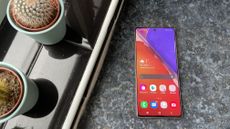 The Samsung Galaxy Note 20 5G visible from above, displaying home screen, with two cacti visible on the left