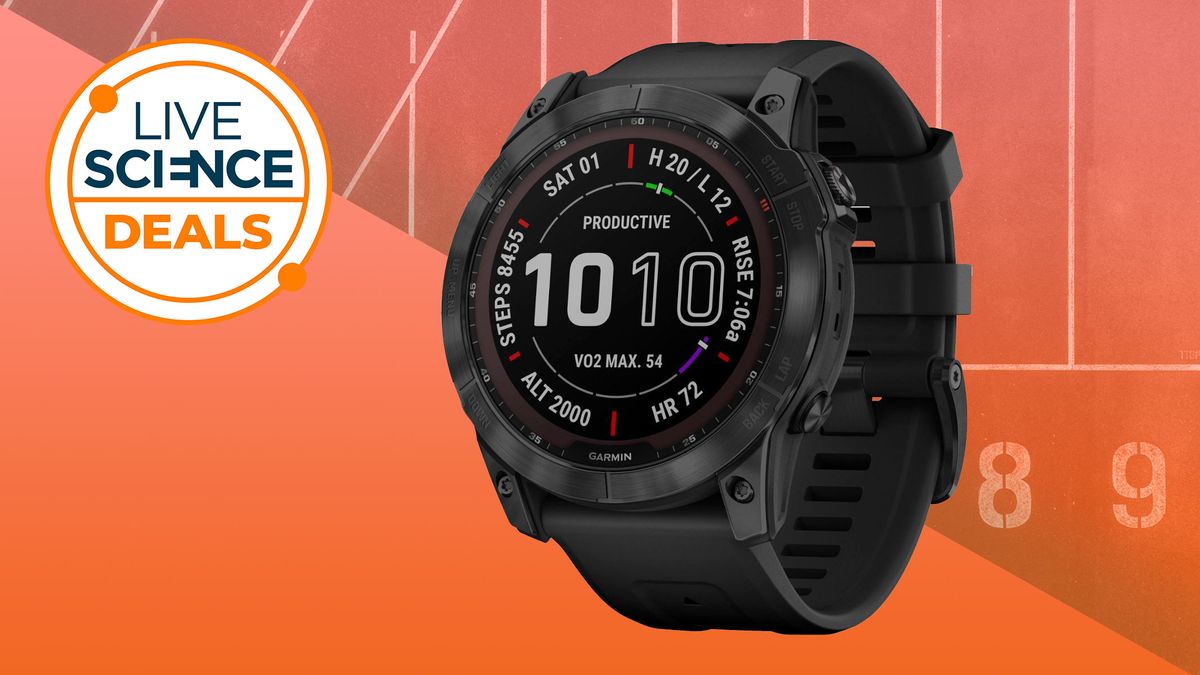 Garmin fēnix 7X Sapphire Solar on an orange background