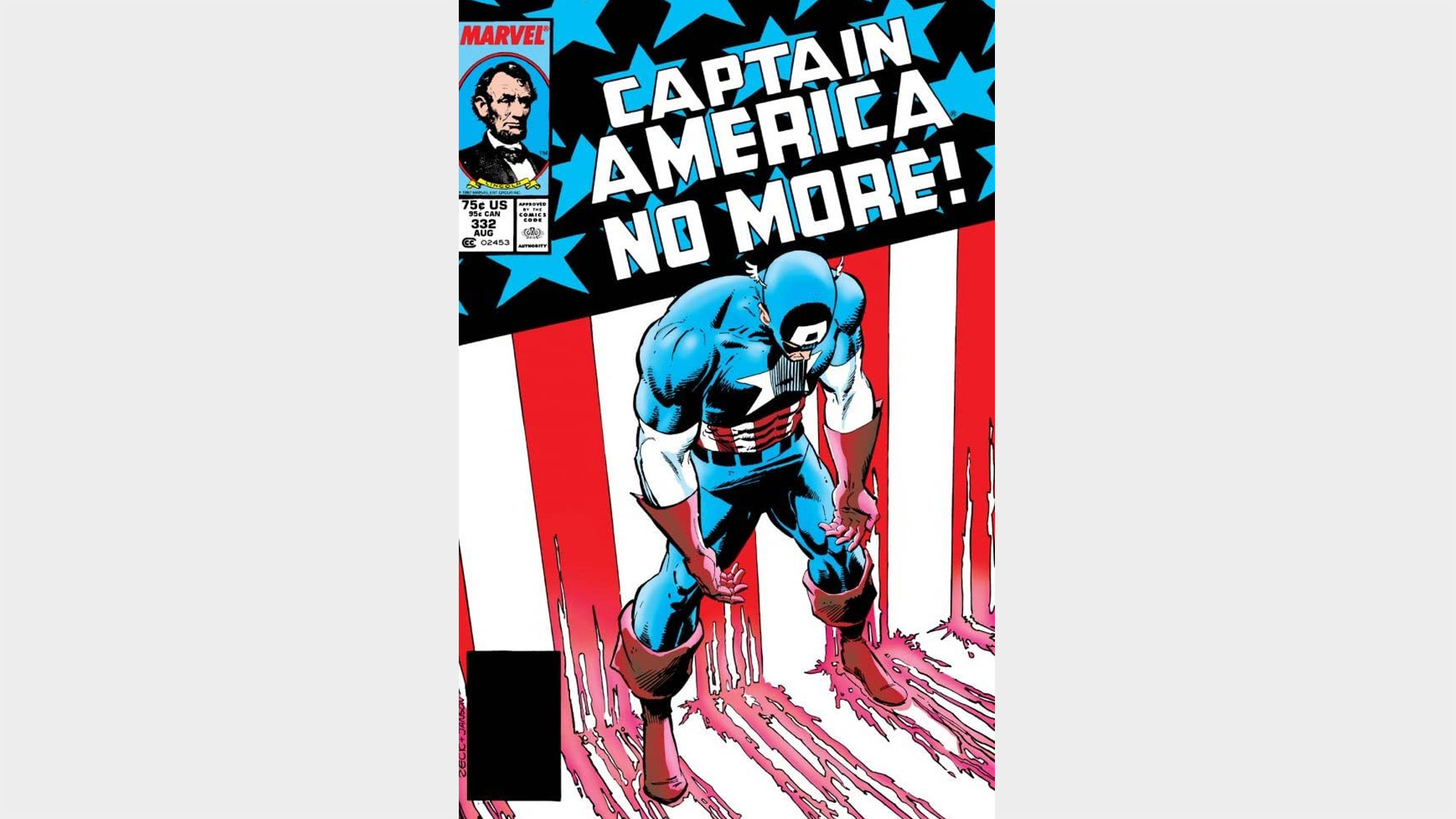 A sorrowful Cap in front of a torn flag on the cover of Captain America #332.