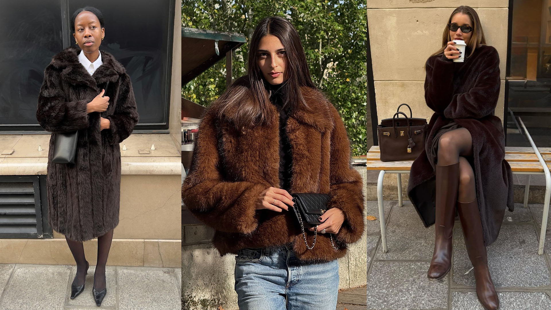 Woman in dark brown faux fur coat