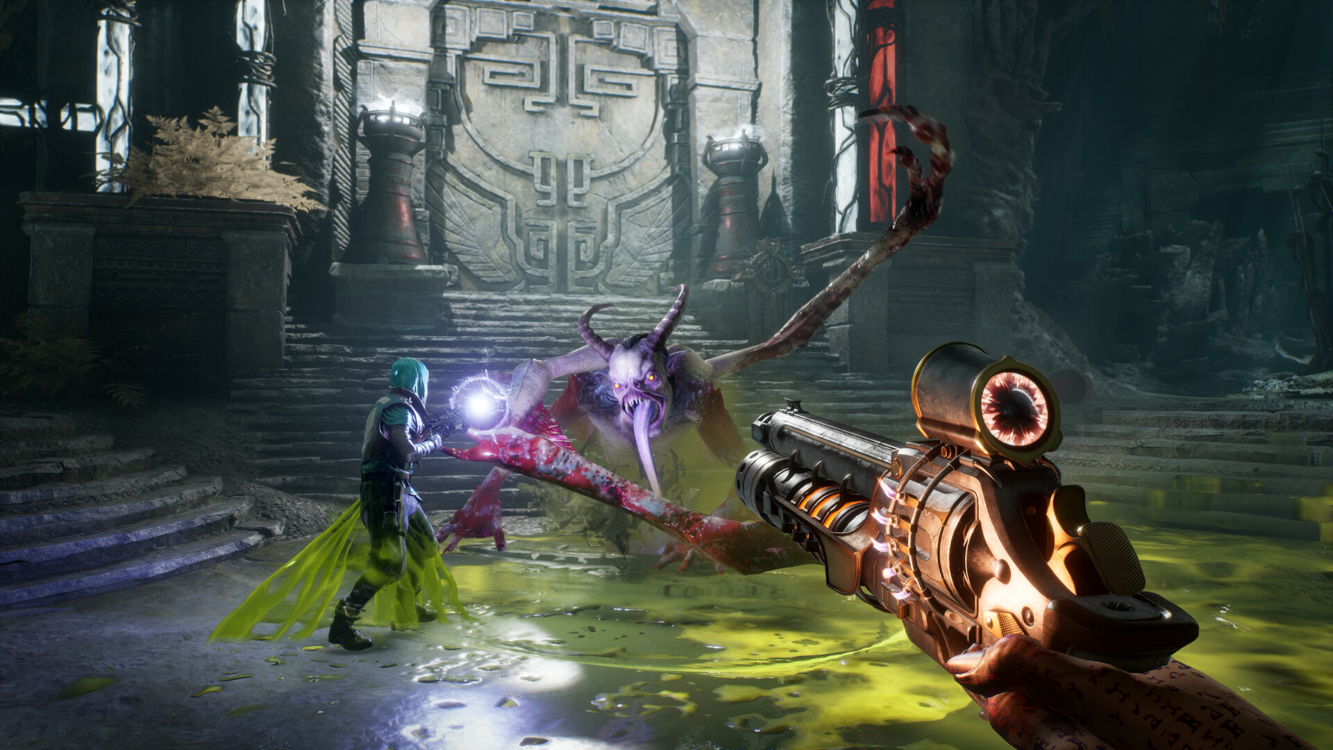 Aiming a modified revolver at a demon crawling out of acid in Painkiller