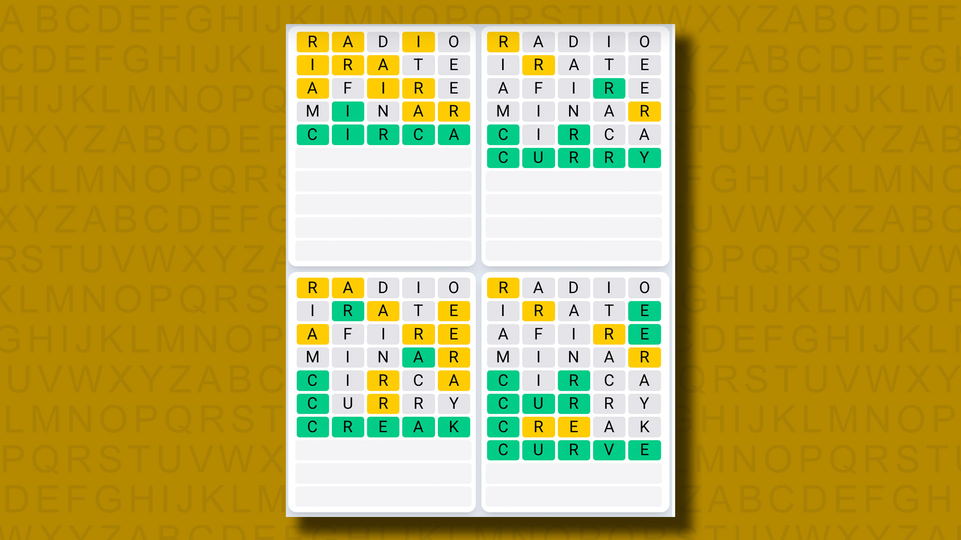 Quordle Daily Sequence answers for game 1217 on a yellow background