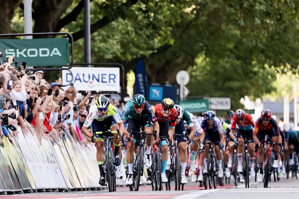 Madis Mihkels celebrates his sprint victory on stage 3 of the Deutschland Tour in 2023