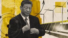 Photo collage of Xi Jinping, the Strait of Hormuz, solar panels and wind turbines, and a lithium atom.