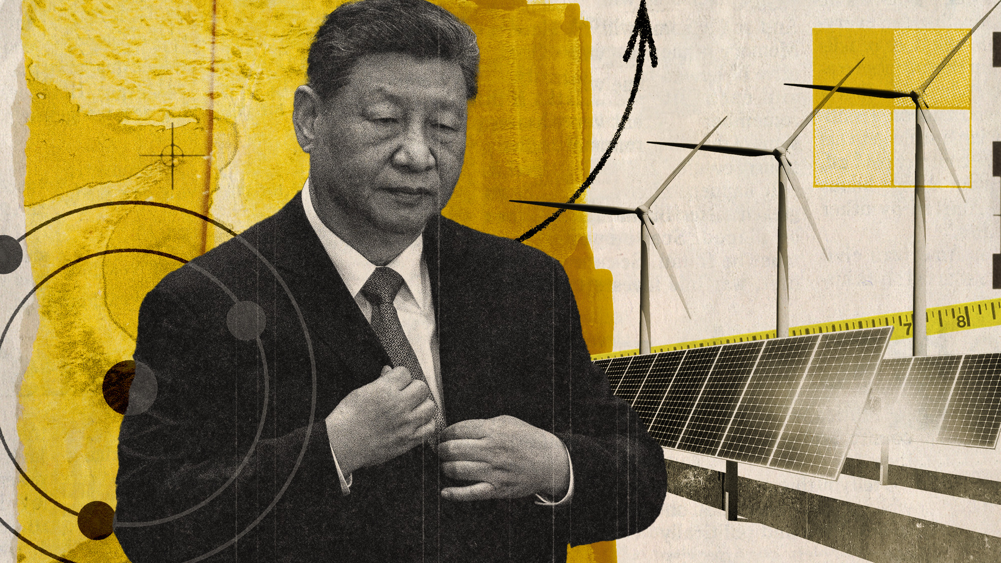 Photo collage of Xi Jinping, the Strait of Hormuz, solar panels and wind turbines, and a lithium atom.
