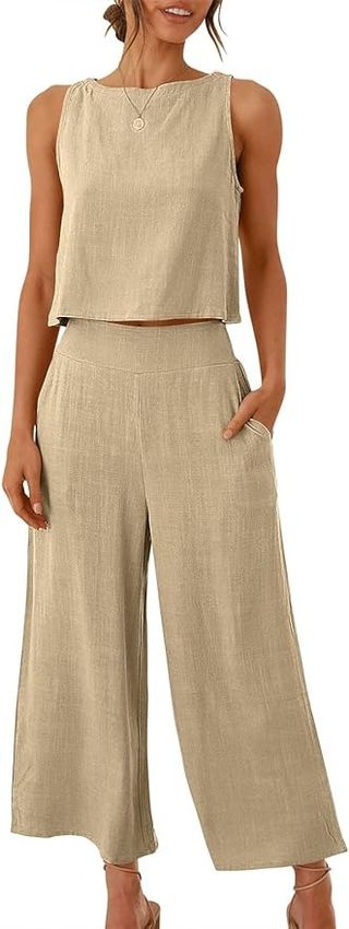 ANRABESS, Anrabess Women's Summer 2 Piece Outfits Sleeveless Crop Top Capri Wide Leg Pants Jumpsuit Casual Linen Lounge Matching Sets Beach Travel 2024 Trendy Clothes Apricot Small